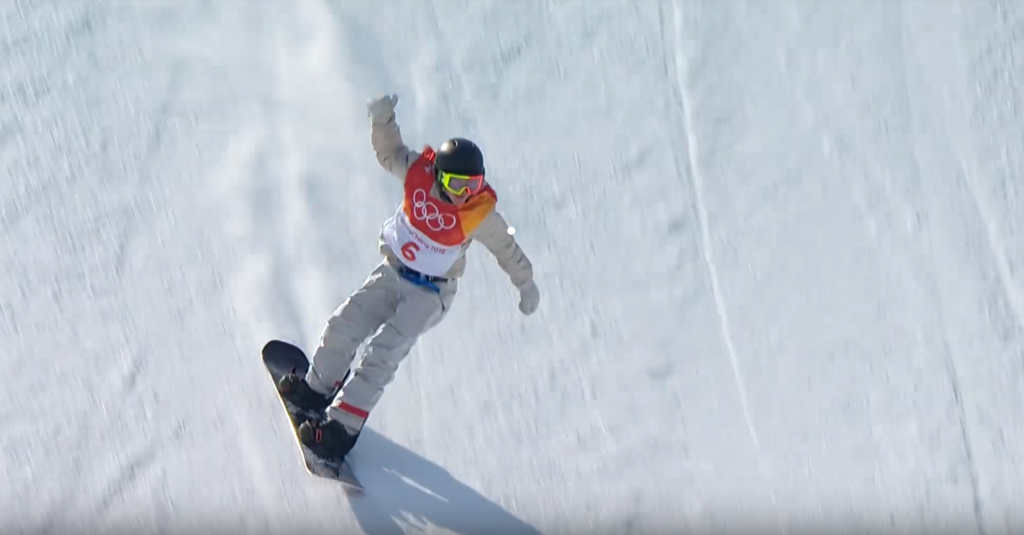 Red Gerard going down slope at Winter Olympics 2018